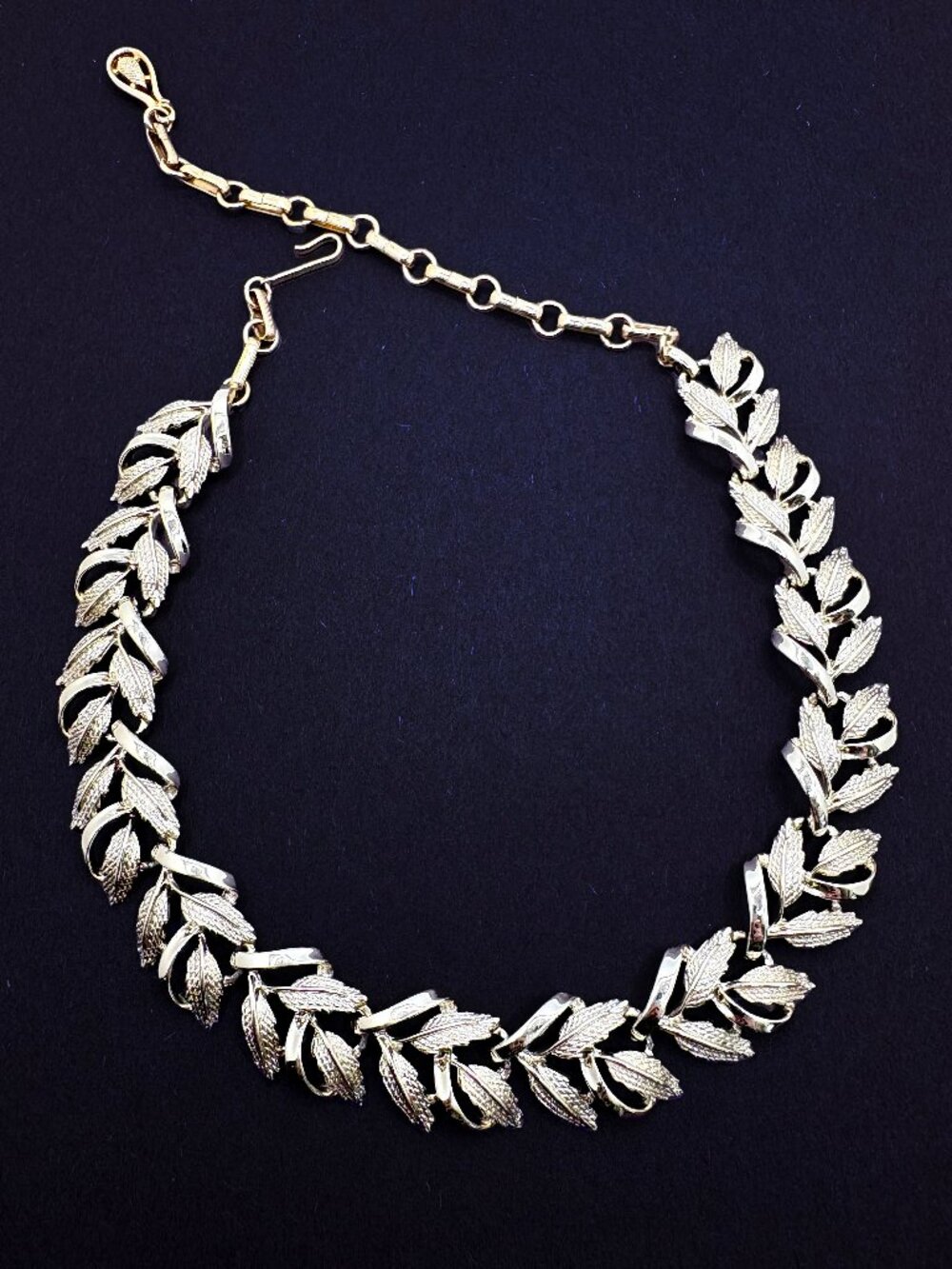 Vintage Coro Silver Leaf Necklace Signed Mid Century Two Tone Adjustable